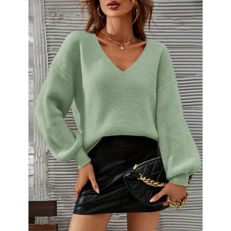 Womens V-Neck Knit Sweater Long Sleeve Loose Fit Solid Color Casual Pullover Office Daily Wear