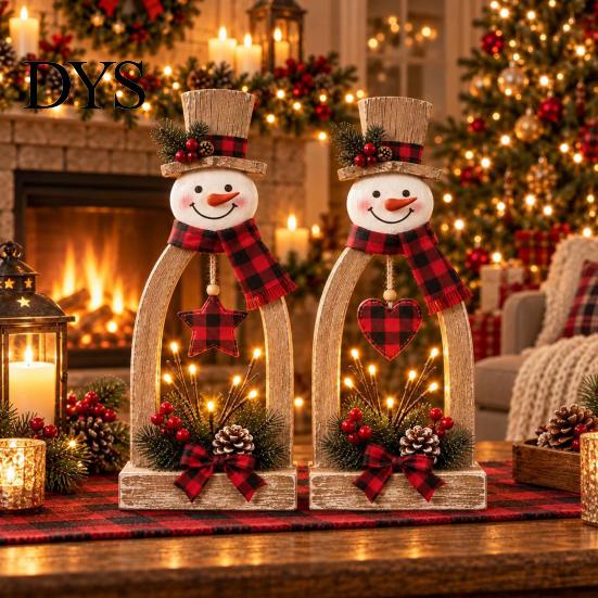 Handcrafted Wood Snowmen 2Pcs Rustic Wooden Snowman Tabletop Decor, Vintage Christmas Farmhouse Decorations Figurine, Holiday Centerpiece for