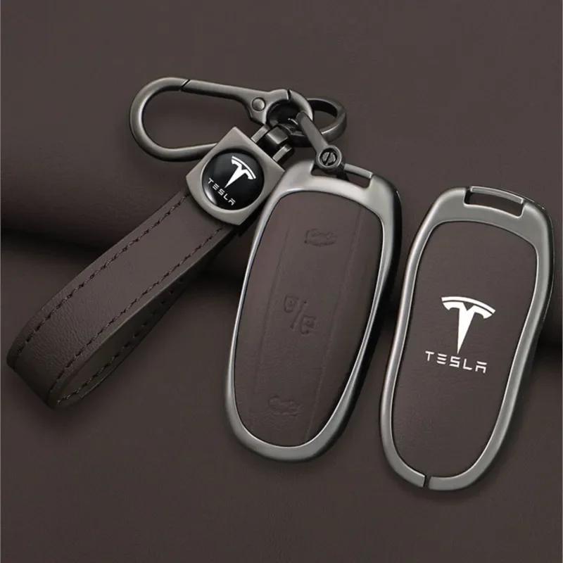 Samolepka na auto 2025 Nová Tesla Slitina zinku Kůže Klíčenka do auta Chytrý dálkový ovladač Pouzdro Kryt Taška Držák Pro Tesla Model X Model M Pro
