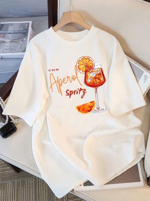 Citroen Rode Wijn Bedrukt Dames T-shirt met Korte Mouwen en Ronde Hals voor Vrouwen Y2K Top Nieuwe Mode Comfortabele Zomer Dameskleding