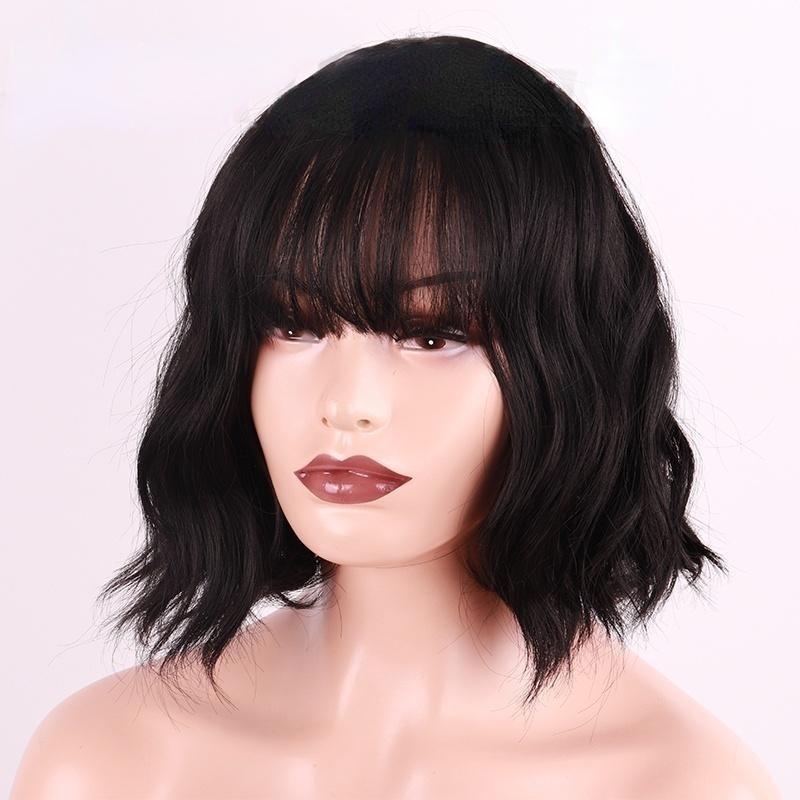 Damen-Perücke mit kurzen Wellen, weinrot, synthetisches Haar, mit Pony (Farbe: 18 Farben)