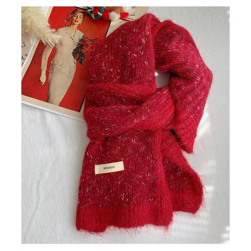 Xiaoxiangfeng Color Blocked Wool Scarf for Women Winter High End Thickened Warm Mohair Knitted Shawl Scarf for Students