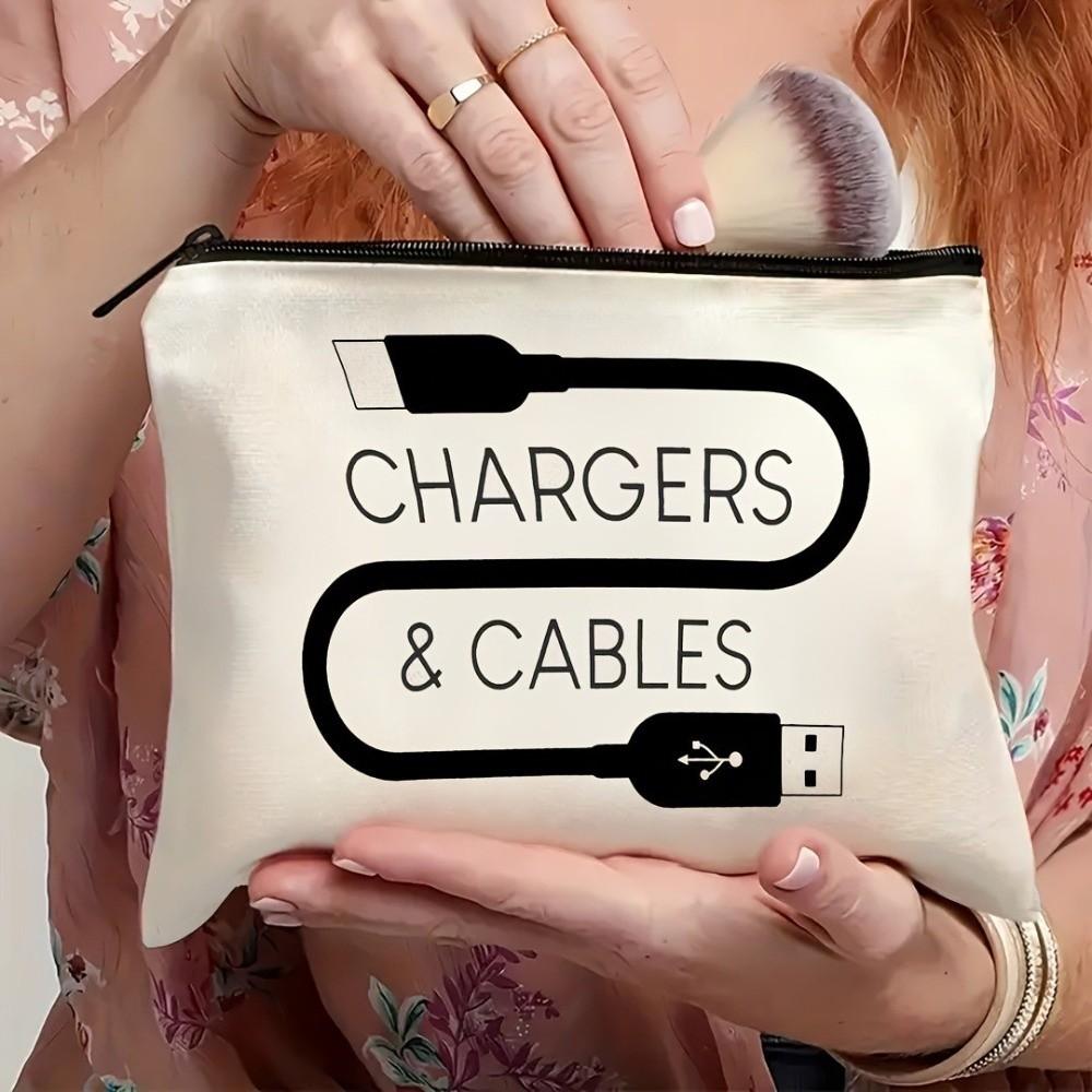 Canvas Charger Storage Pouch Zipper Closure Print Design Cable Organizer Bag Large Capacity Cosmetic Organizer for Office Desk