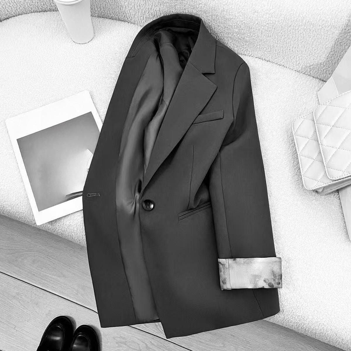 Gray Suit Jacket Women s Spring and Autumn Cuffs National Style Printing Design Temperament Small Suit XS чёрный