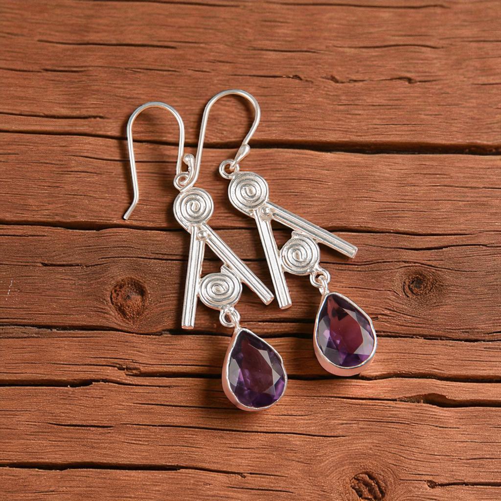 Amethyst Gemstone 925 Sterling Silver Jewelry Handmade Drop/Dangle Earrings 2.4" EE-86-2