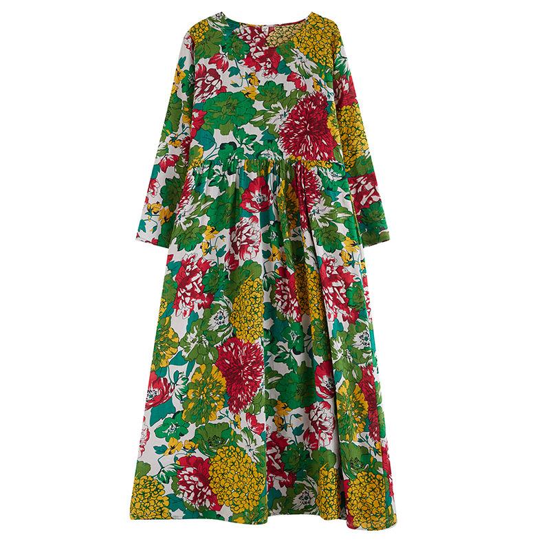 Big Size Women's Printed Cotton Linen Long Dress Female Spring and Summer Loose Literary Temperament Thin Round Neck Retro Long-sleeved Dresses