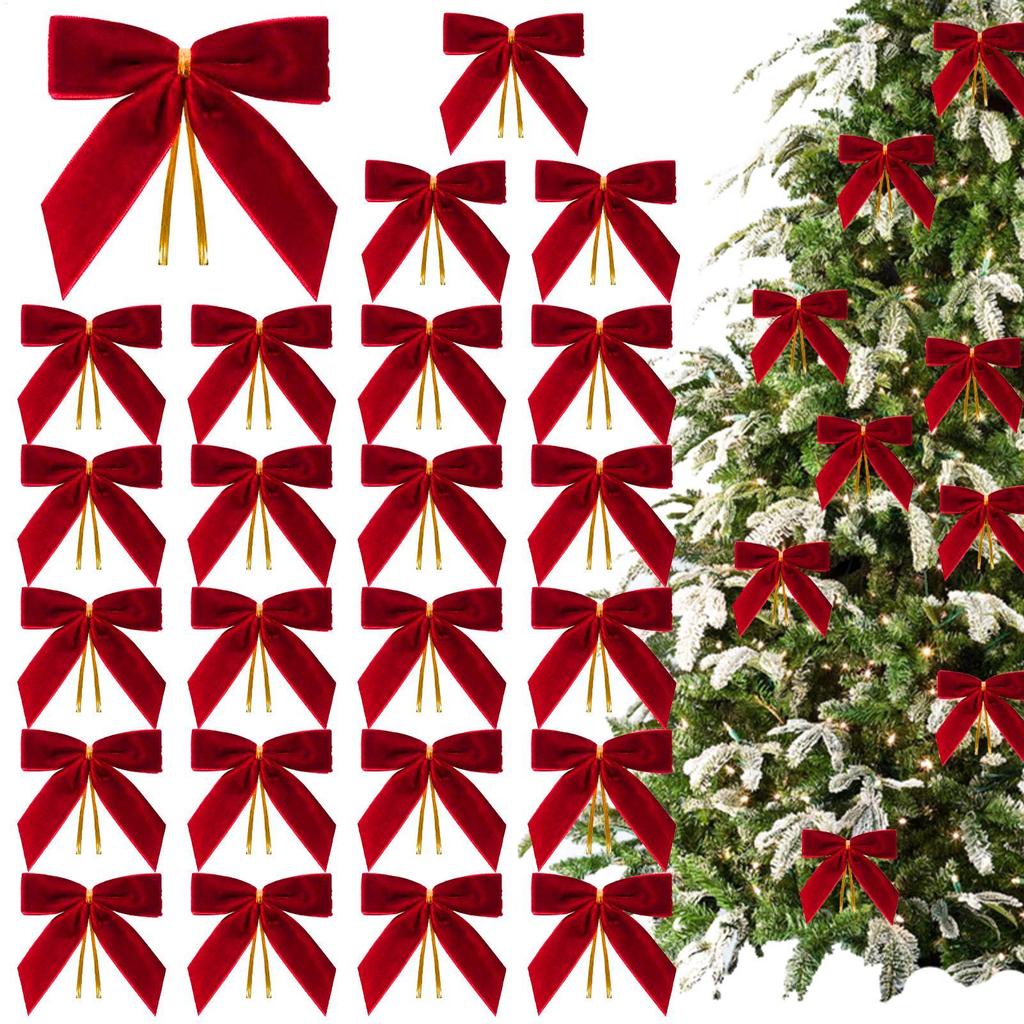 Christmas Bows 24PCS Decorations Velvet Bows for Xmas Tree Ornaments with Ribbon for Wreath Garland Gift Wrapping Crafts