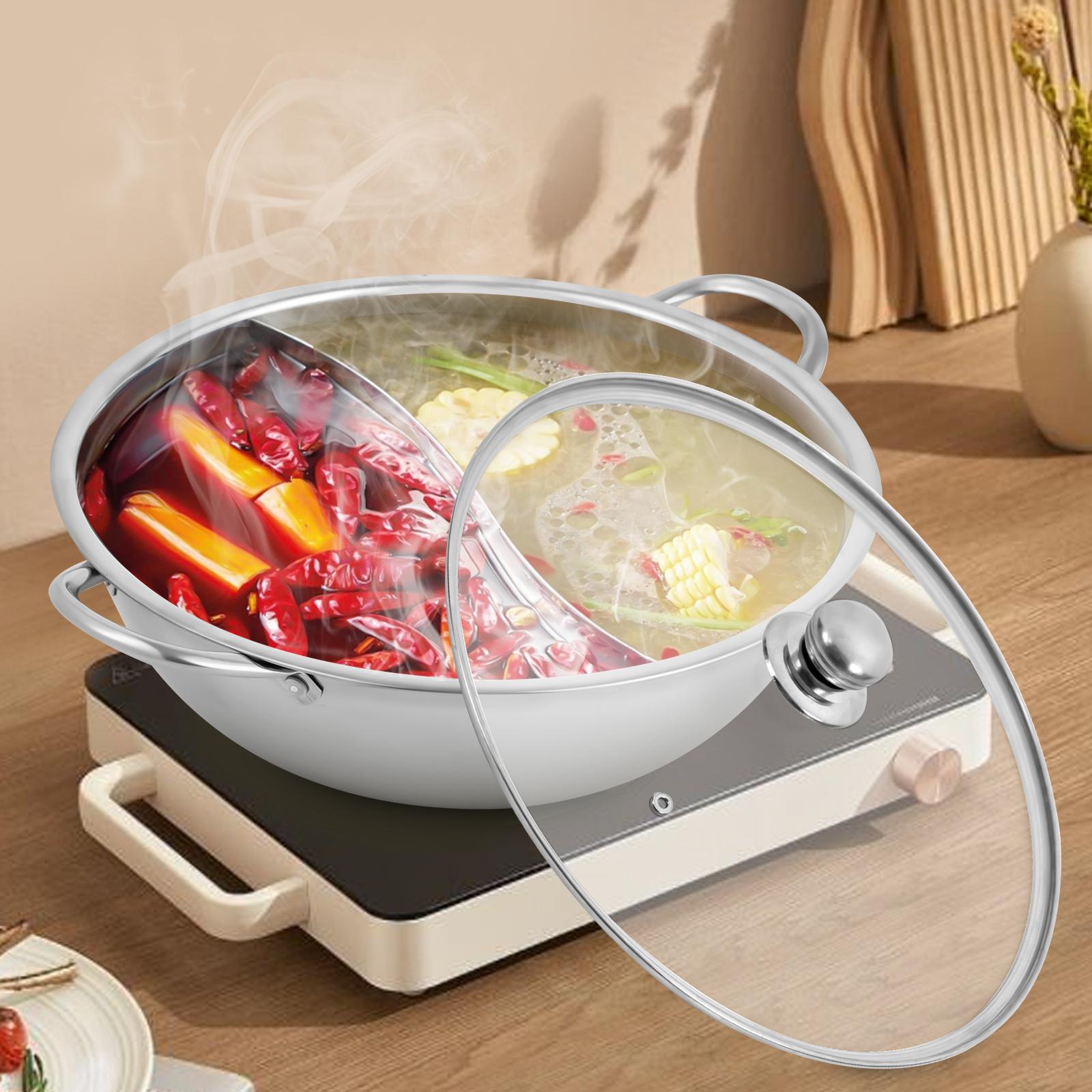 

2-in-1 Stainless Steel Hot Pot with Divider & Glass Lid, 28cm Multipurpose Shabu Shabu Pot, Kitchen Cooking Pot for Ramen, Soup серебряный