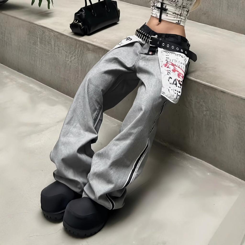 Herbst Winter Damen Jeanshose Y2K Niedrige Taille Gestapelte Jeans Harajuku Goblin Core Cowboy Japanische Weite Passform Baggy Grunge Herren