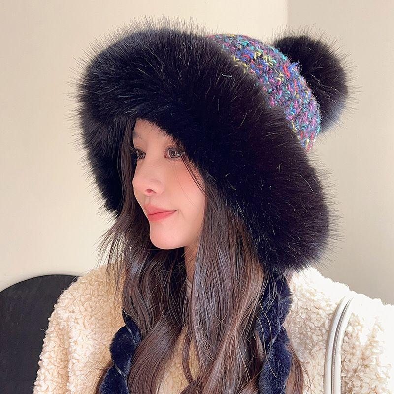Touca Térmica de Inverno de Pele de Coelho Sintética para Mulheres, Bonita, Espessa, Branca, com Pompom Fofo, Abas de Orelha, Encaixe, Chapéu de Pelúcia