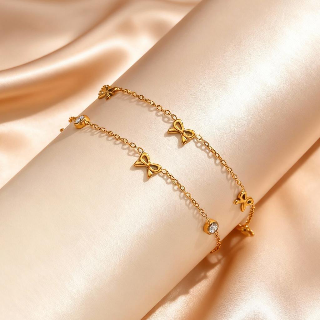 Dainty Bowknot Zircon Chain Bracelet for Women, Gold Plated Stainless Steel Thin Chain Charm Bracelet, Trendy Jewelry Party Gift