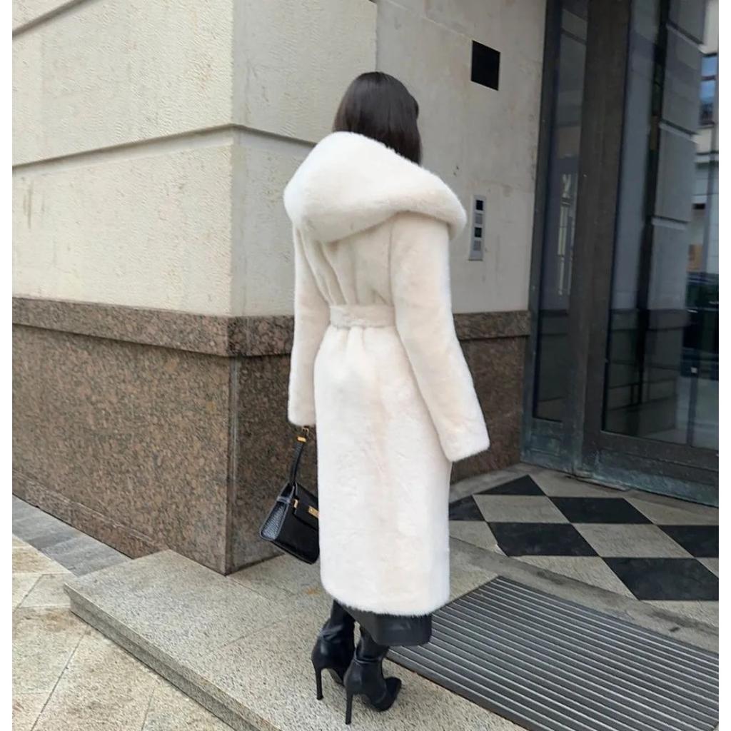 Damen Kunstpelz Lange Mäntel Mit Kapuze Übermäntel Schnürung Langarm Offene Masche Dicke Lockere Jacken Elegant Herbst Winter