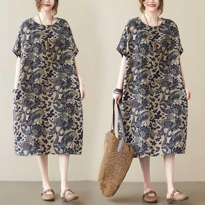 Real Spot Large Size Loose and Thin Cotton and Linen Dress Fat Girl Literary and Foreign Style Retro Short Sleeve Meat Cover Medium and Long Dress