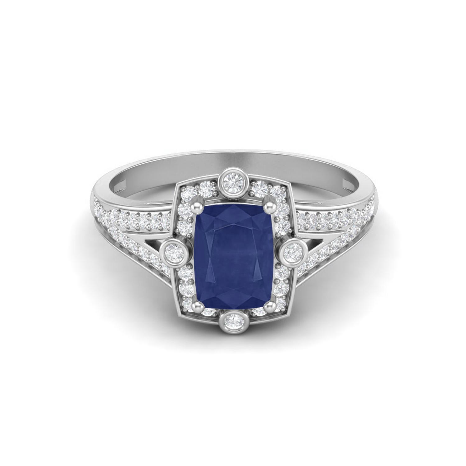Halo Accent 1.65 Cts Cushion Blue Sapphire 925 Sterling Silver Wedding Women Ring