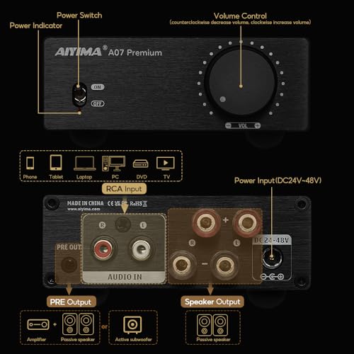 AIYIMA A07 Premium TPA3255 Power Amplifier 300W x 2 Class D Stereo Digital Audio Amplifier 2.0ch Amplifier for Passive Speakers Home Audio (A07 + DC32