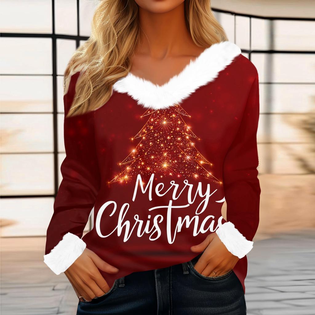 Kadın Günlük Moda Uzun Kollu Noel Baskılı Flanel Yakalı Üst