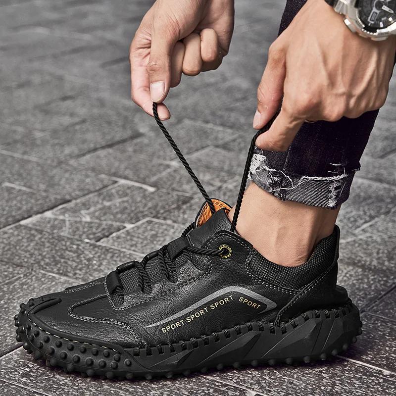 Large-sized Hand-stitched Casual Men's Shoes, Outdoor Anti-slip and Wear-resistant Men's Leather Shoes