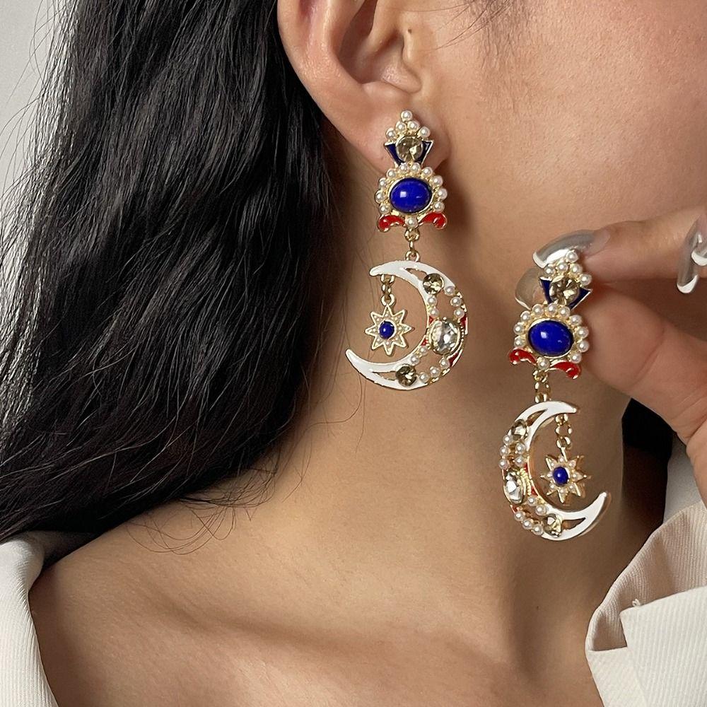 Handmade Sun&Moon Earrings Minority Design Crystal Earrings Cute Dangle Earring  Gift