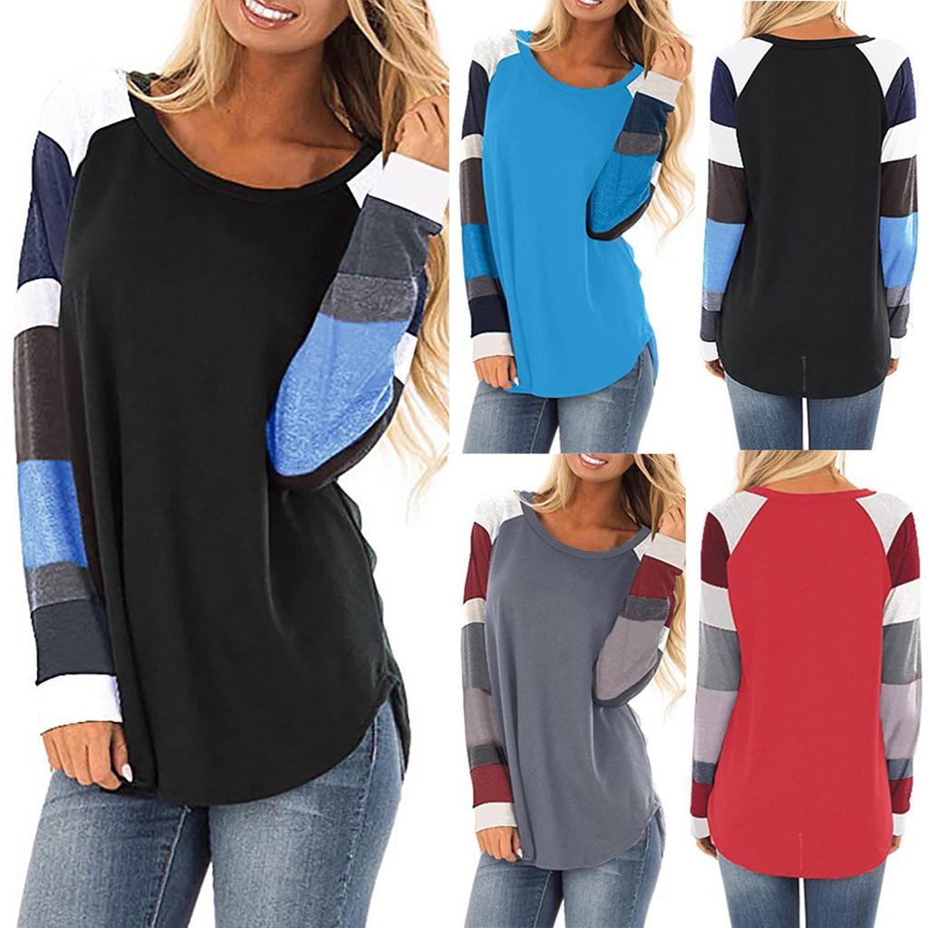 Women Fashion  Loose Patchwork Long Sleeve T-shirt Top Blouse Pullover