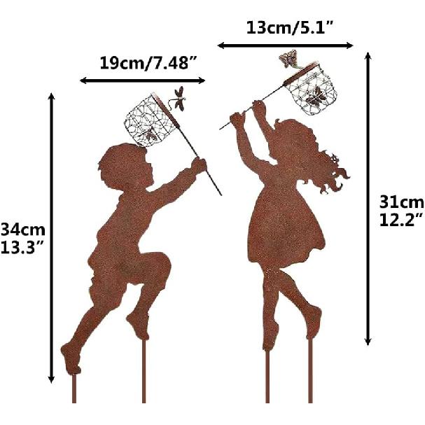 Vintage Metal Garden Silhouette Sculpture - 1 Pair Boy Girl Catching Butterfly Decorative Stakes, Outdoor Decor, Yard Art Stakes for Spring