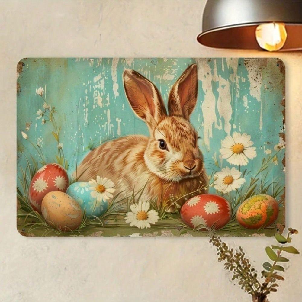 Vintage Easter Metal Poster Wall Art, Bunny Decoration for Home