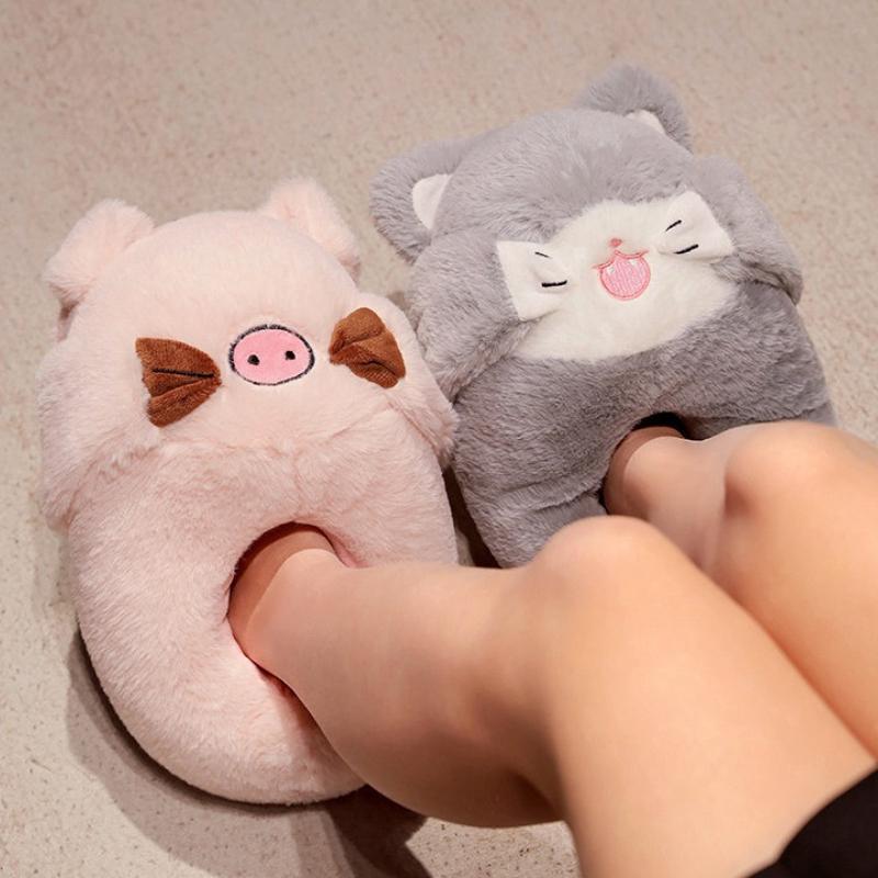 Fashion Women Home Floor Fluffy Slippers Winter Warm Shoes Cute Cartoon Animals Soft Faux Fur Couples Indoor House Bedroom Cotton Shoes
