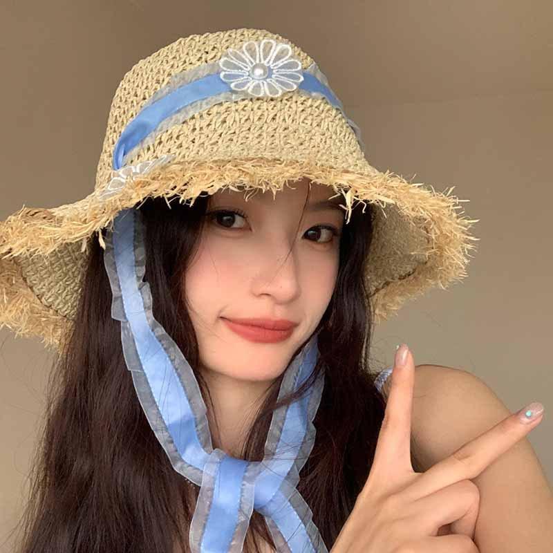 Women's Sun Hats Korean Straw Woven Lace Sweet Gentle Rustic Style Versatile Sunshade Hats Wide Brim Beach Bucket Caps For Girl