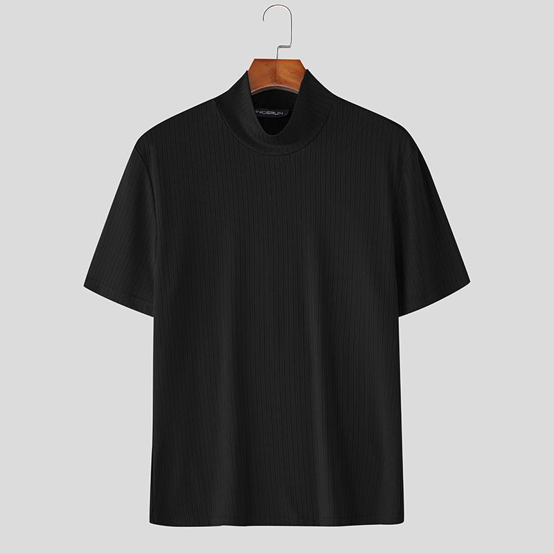 

INCERUN Men Turtleneck Short Sleeve Rib Fitted T-Shirts Tops S чёрный