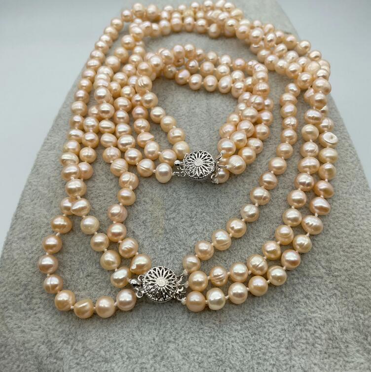Fashion 3 Row Natural Pink 7-8mm Necklace Bracelet Set