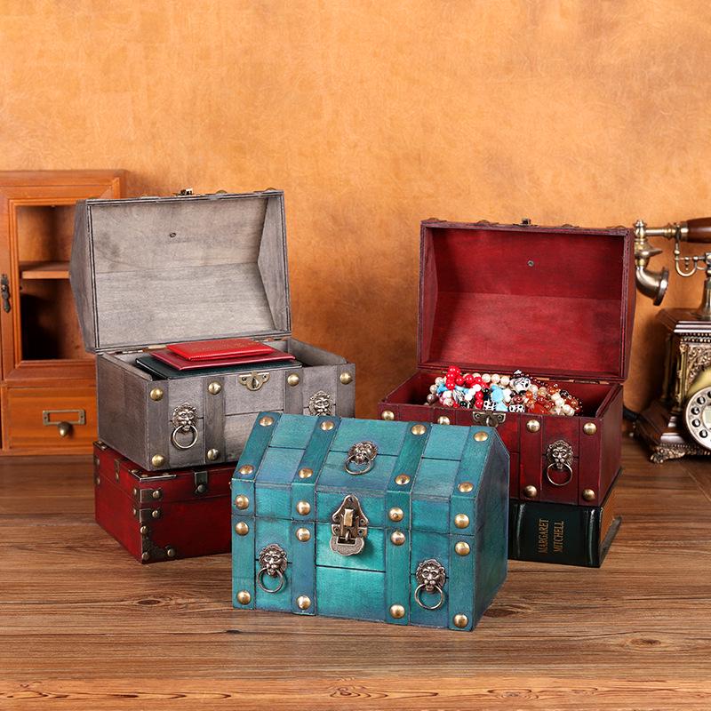 Vintage Wooden Jewelry Box with Lock - Desktop Retro Storage and Treasure Chest