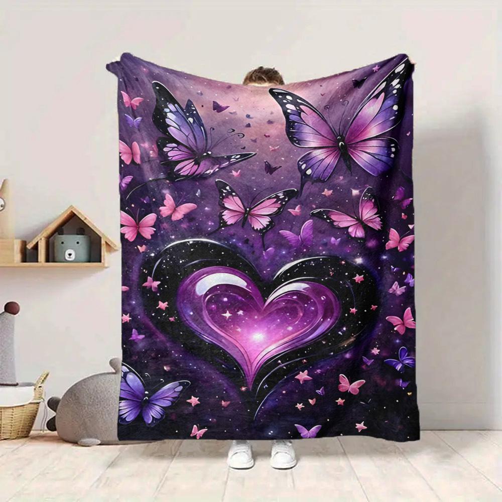 1pc Butterfly Heart Print Blanket   Lightweight Flannel Throw Blanket For Sofa, Bed, Living Room, Office, Outdoor Travel, Camping