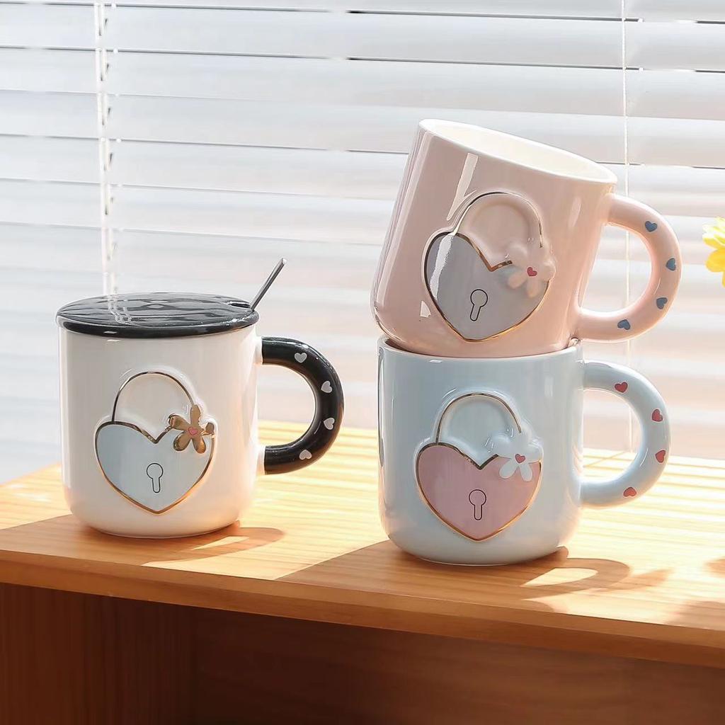 Kreativer Liebesschloss-Becher Ins Hochwertige Keramiktasse Souvenir Niedlich Zuhause Paar Wasserbecher Kaffeetasse