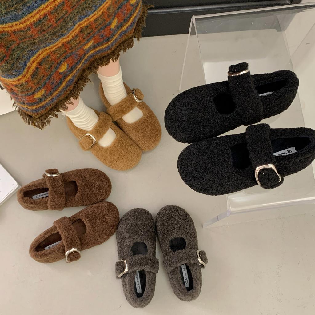 Flat Bottom Gentle and Comfortable Fluffy Shoes Women Wear 2025 Autumn and Winter New Fairy Wind Velvet Word Mary Jane Cotton Shoes