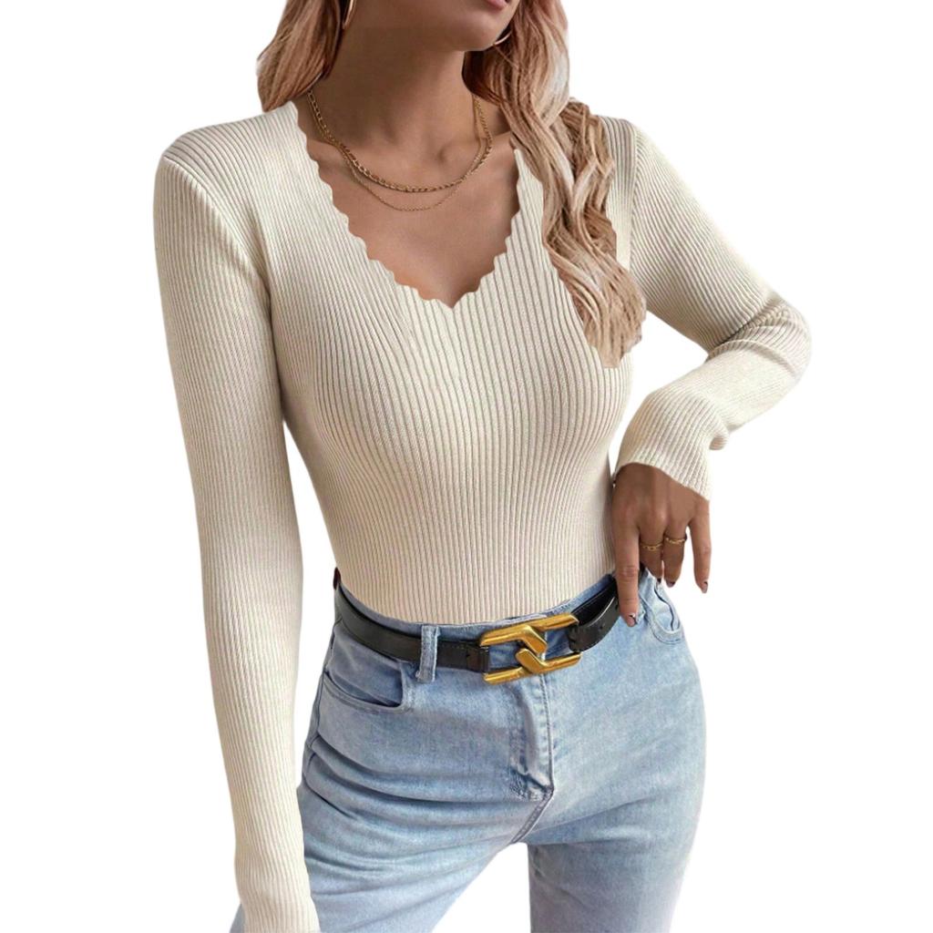 Women's V-neck Solid Color Long-sleeved Pullover Knitted Sweater Bottoming