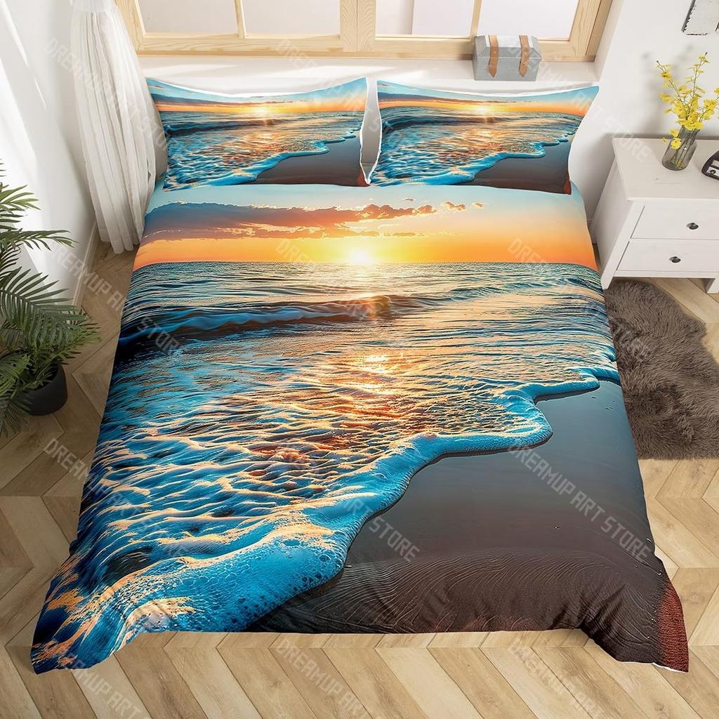 Bettwäsche-Set mit Strandthema King Queen Größe Ozeanwelle Sonnenuntergang Bettbezug Küsten-Nautik-Bettdeckenbezug Meereslandschaft Bettdeckenbezug