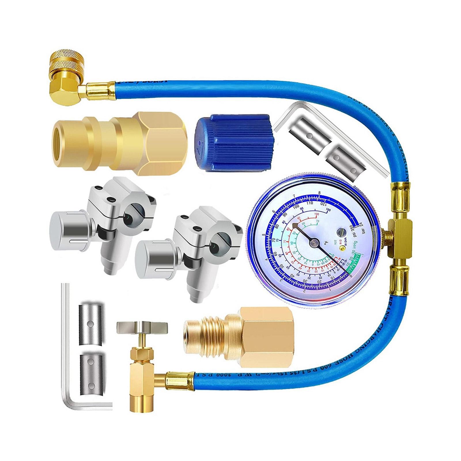 

Професійний набір заправних шлангів R134A з манометром, швидкознімними з єднувачами та адаптерами для ефективного обслуговування кондиціонерів