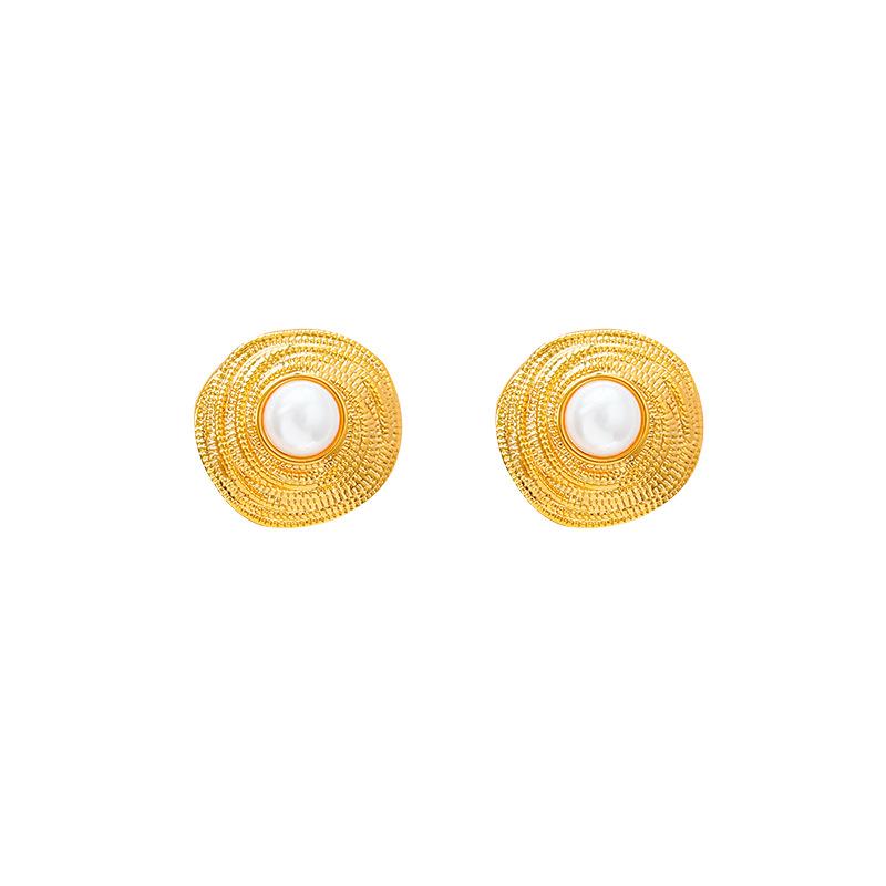 French pearl stud earrings women's medieval earrings gold spiral circle design high-end temperament European and American earrings sterling silver