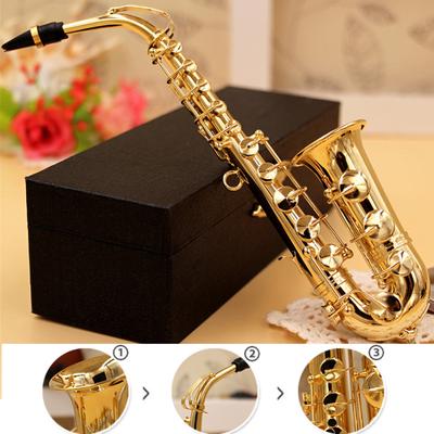 Mini Saxophone Model Musical Instrument Copper Brooch Miniature Desk Decor Display with Box +
