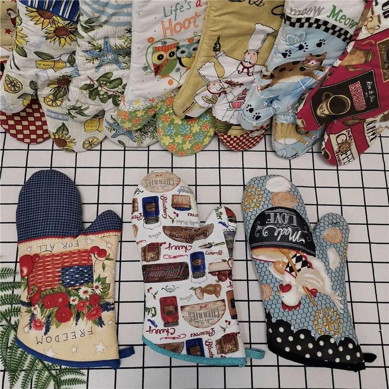 1Pc 18x33cm Cotton Vintage Printed Large Baking Glove Microwave Oven Mitts Insulation Kitchen Tool Party Gift