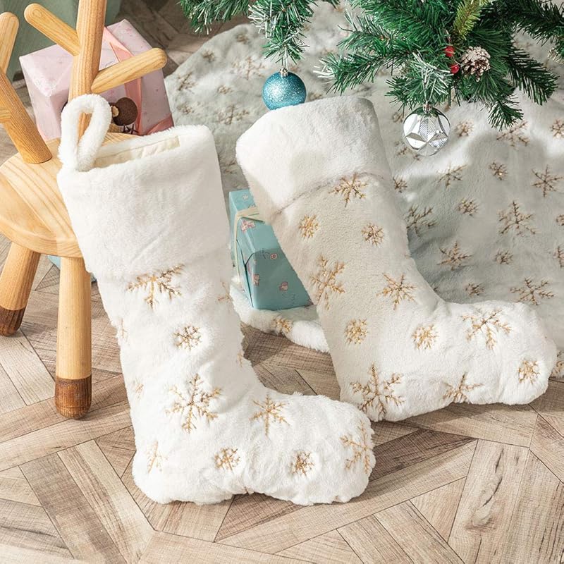 2PCS Plush Christmas Stockings White Faux Fur Large 56cm Deluxe Hanging Xmas Stockings with Silver Sequin Snowflake for Christmas Fireplace