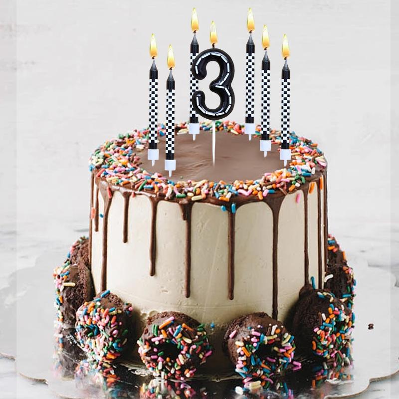 6Pcs 1 To 9 Number Candle For Racers Black and White Checkered Candle Anniversary Truck Candle Cake Topper Festival Candles Cake