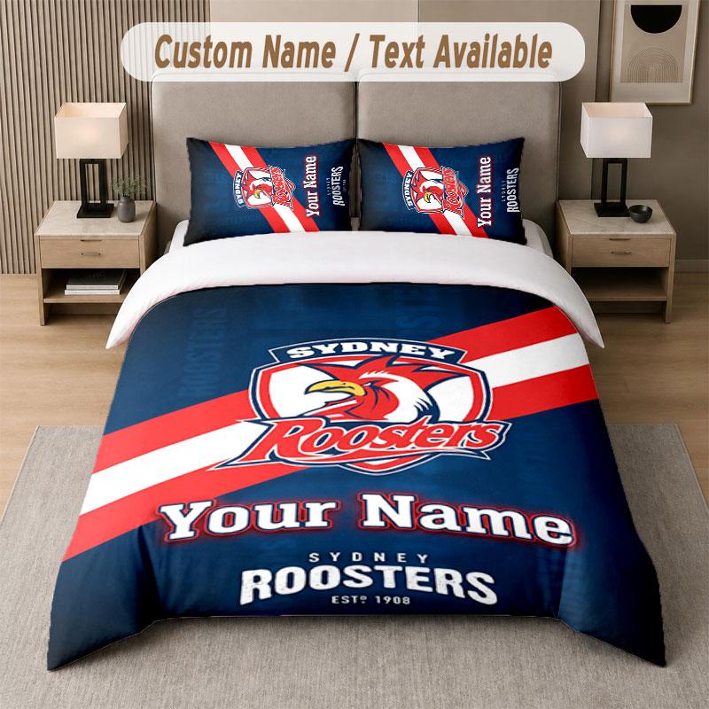 Custom Bedding Set Sydney Roosters Pattern, Print Name Text 1 Duvet Cover Plus 2 Pillowcases Home Textile
