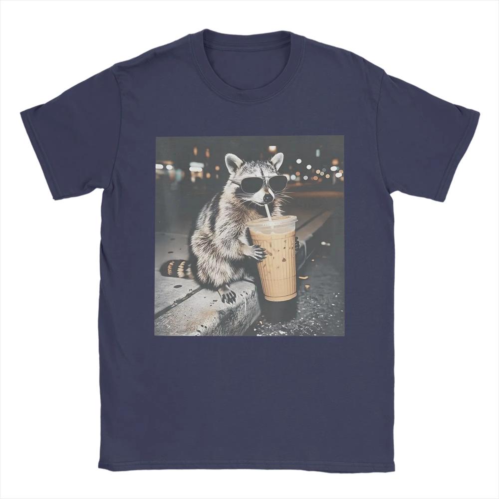 

Vintage T Shirts Summer Raccoon Drinking Iced Coffee Funny Animal Meme T Shirts Cotton Tee Shirt for Men Tees 3XL