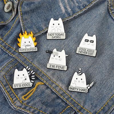 Cute White Cat Enamel Pins Not Today Satan I Am Fine Brooches for Women Men Bag Backpack Badges Funny Jewelry Gift Friend