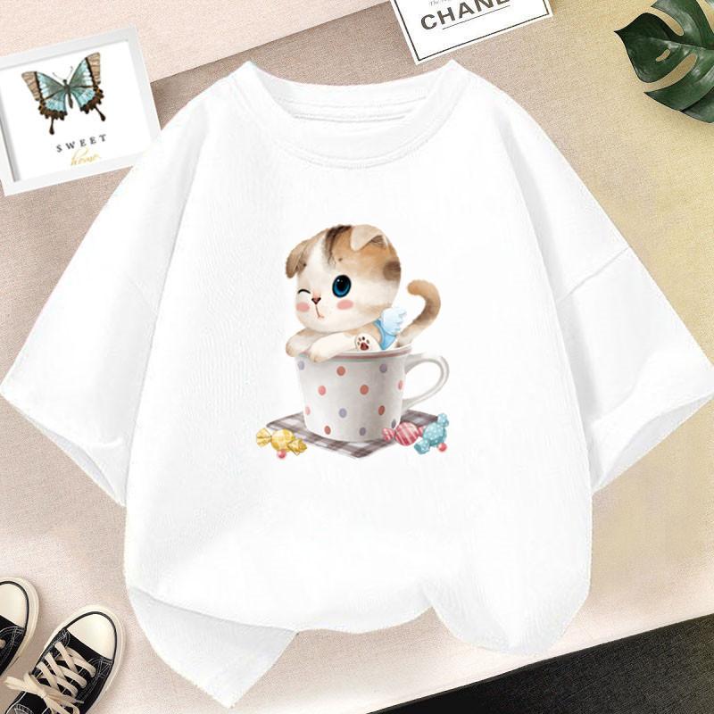 Cotton 100% Cute Cat Drinking Milk Tea Kawaii Clothes Tops Harajuku Funny Cartoon Short Sleeve T-shirt