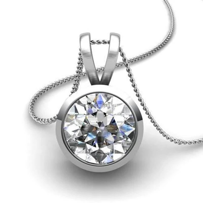 Silver Plated Round CZ Solitaire Pendant Necklace, Classic Four-Prong Cable Chain Necklace for Women