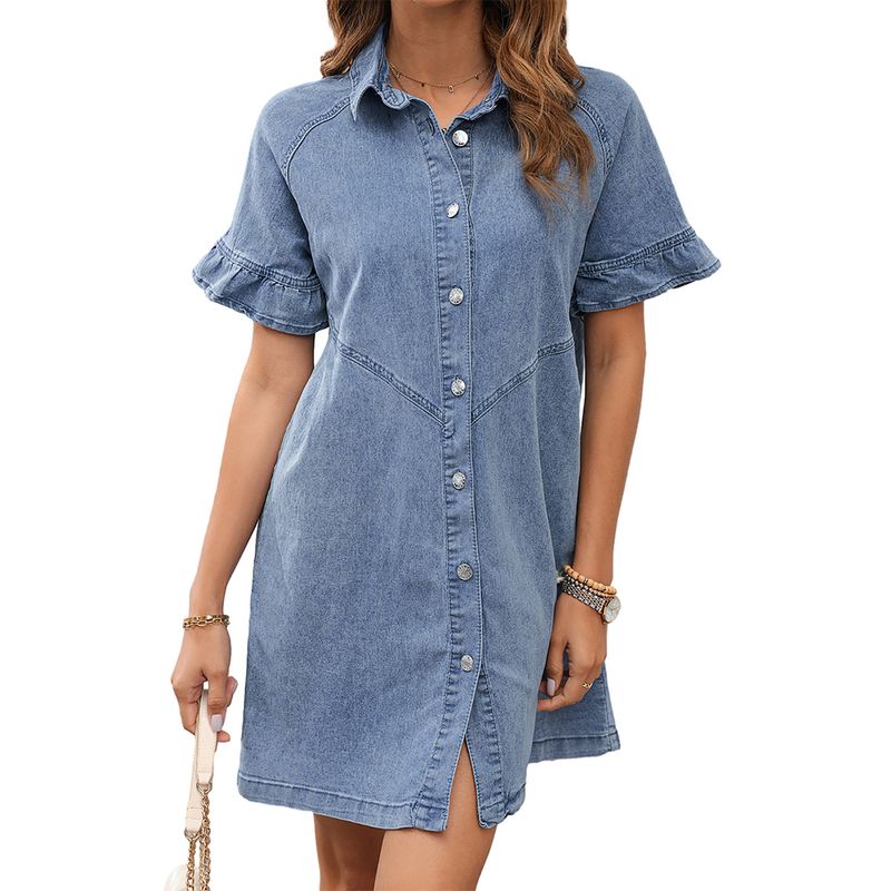 

American Shiying Trendy Washed Distressed Demin dress Women 2025 Summer New Single Breasted Short dress Women Light Blue Size L fit (62.50 kg-70.00 kg