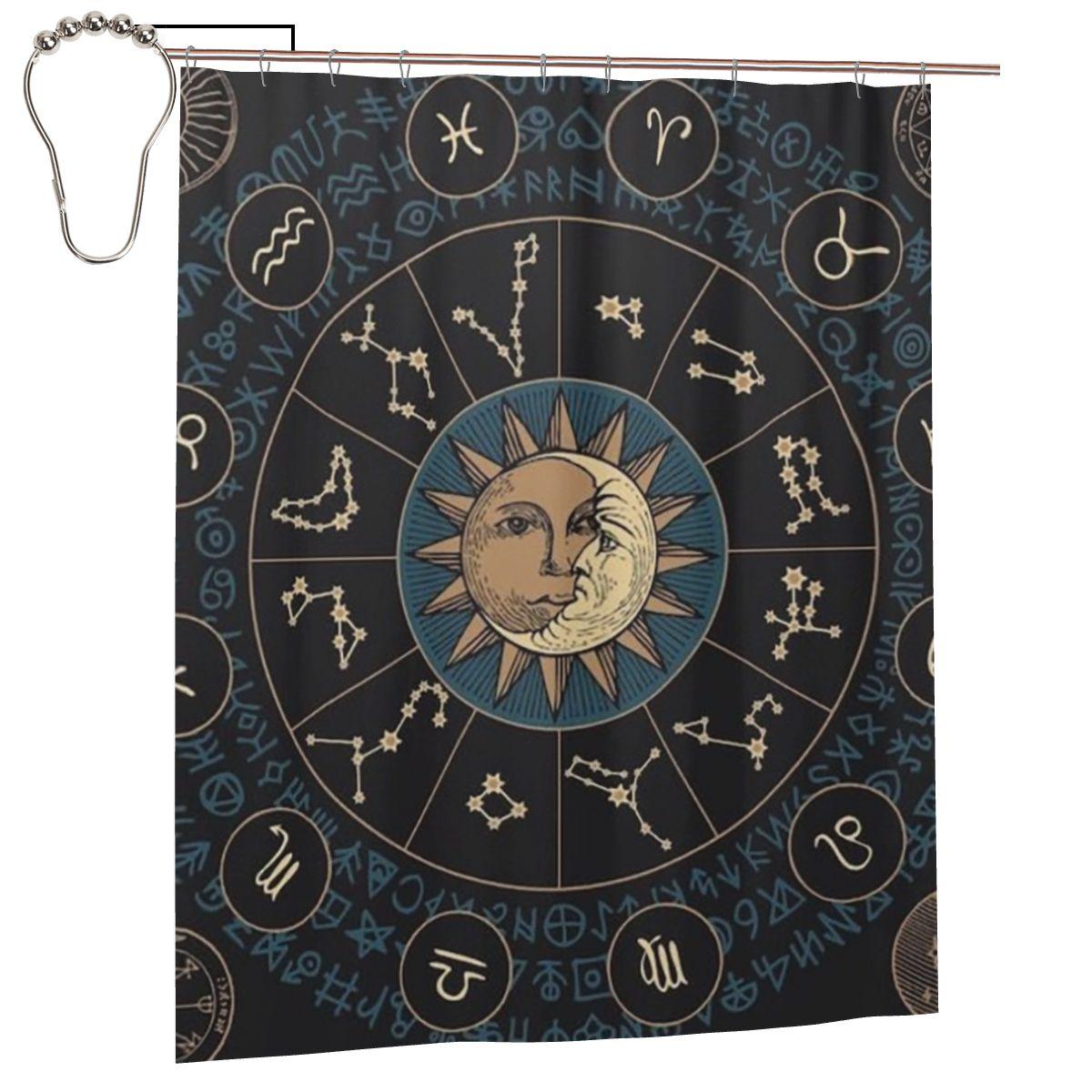 

Horoscope Wheel With Zodiac Signs 15 Shower Curtain Bathroom Polyester Waterproof Bath Curtains With Hooks W60H190(CM)-1 Pcs