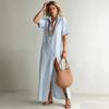 Casual Dresses - Summer V-neck Short Sleeve Striped Split Cotton Linen Women Dress For Cross-border Trade