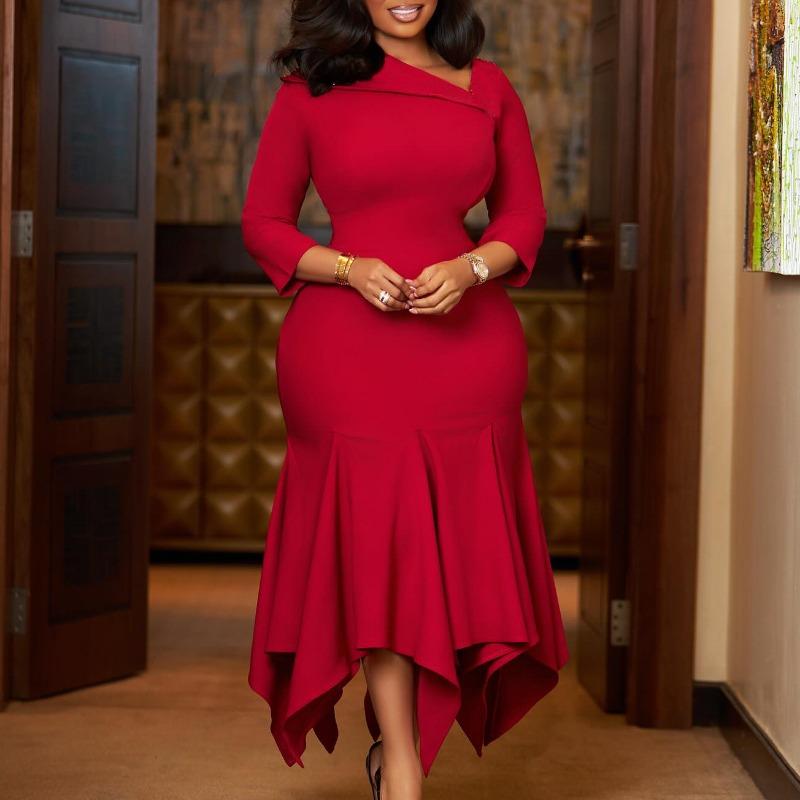 

Women s clothing autumn and winter new diagonal collar solid color high waist irregular fishtail dress dress S